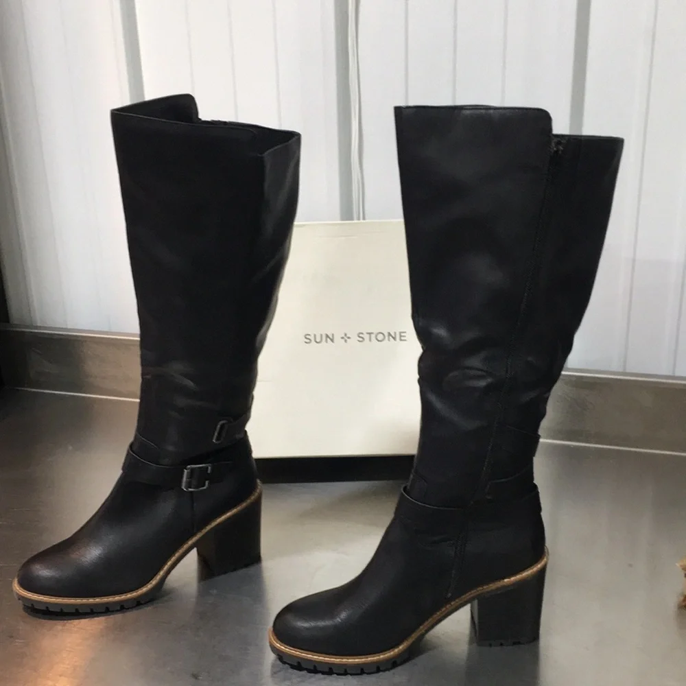 New WB Woman’s Sun + Stone Black Mid-Calf Leather Block Heel Boots